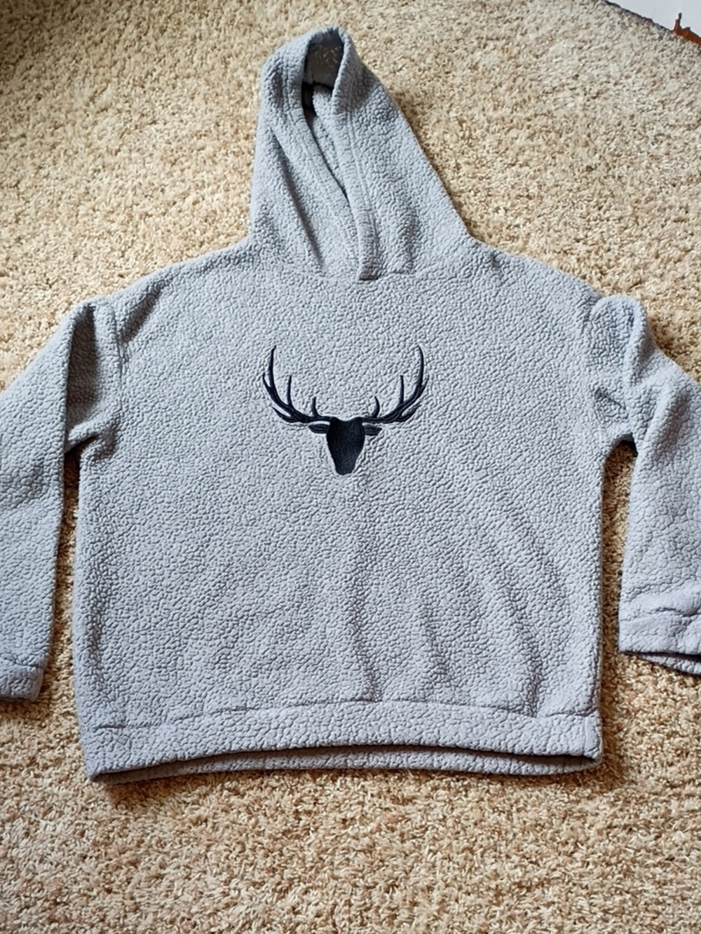 SHEIN Light Gray Sherpa Hoodie with Dark Deer Embroidery